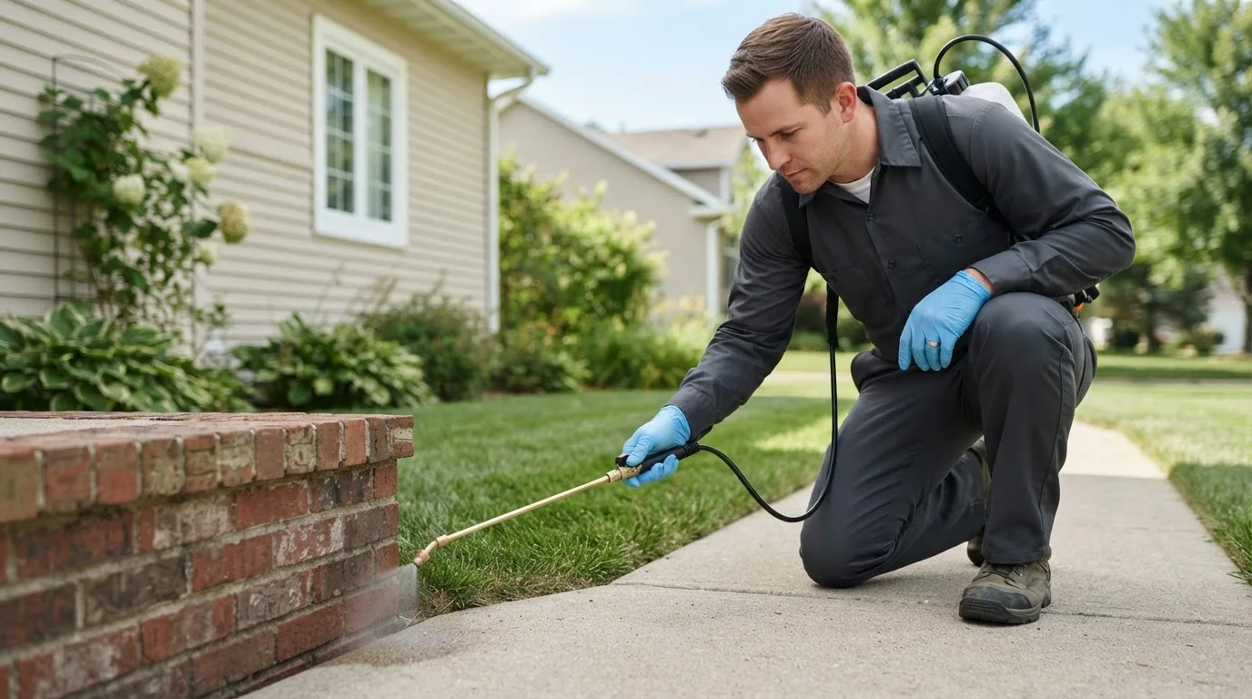 Pest control technician treating a home near Sawyer, MN